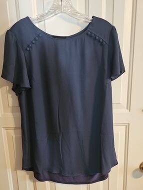 Elegant Navy Blue Short Flutter-Sleeve Blouse